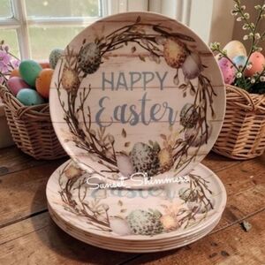 6 Piece Speckled Birds Egg Wreath "Happy Easter" Melamine Dinner Plate Set New